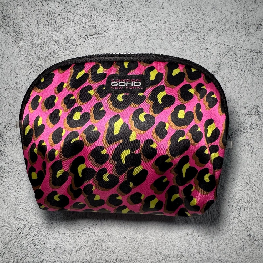 London SOHO New York‎ Small Makeup Cosmetic  Bag Pink Leopard Print Pattern EUC